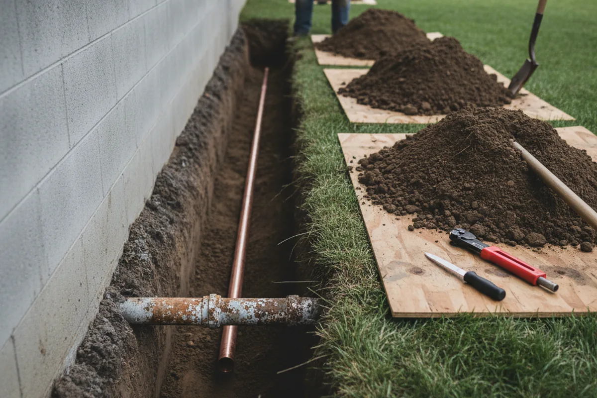 Excavated water line trench during Water Softener Installation in Smithville